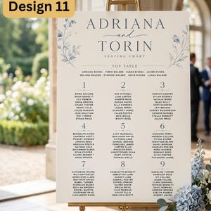 Puede incluir: Un cartel de plan de asientos de boda en un caballete dorado con el texto "ADRIANA and TORIN SEATING CHART" e ilustraciones florales azules en los lados. El cartel enumera nombres bajo "TOP TABLE" y mesas numeradas del uno al nueve.