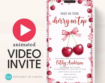 Invitación de video para baby shower de cerezas: Plantilla editable de Canva (descarga digital)