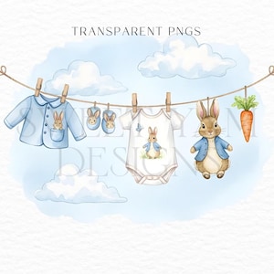 May include: Watercolor illustration of baby clothes and a bunny hanging on a clothesline against a blue sky with clouds. Includes a blue jacket, booties, a onesie, a bunny, and a carrot. The text "TRANSPARENT PNGS" is at the top.