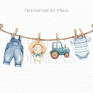 Farmer Baby clothes clipart, Clothesline baby shower clipart, Watercolor clothesline, Baby shower clipart png-23