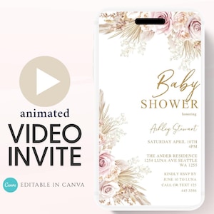Boho Baby Shower Invitation, Boho Floral Baby Shower, Baby Girl Baby Shower Invite, pampas Invitation, Boho Baby Invitation Animated-1