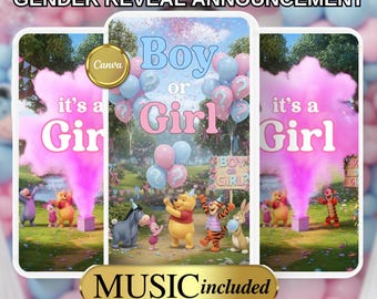 May include: A gender reveal announcement with the text "Boy or Girl" and "it's a Girl". The image features cartoon characters, pink and blue balloons, and a pink smoke effect. The words "MUSIC included" are also present.