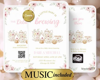 May include: Animated baby shower invitation with floral and tea party illustrations. The invitation includes the text "A Little Baby is Brewing" and "Music Included". The invitation also includes the name Darla Mitchell and the date and time of the baby shower.