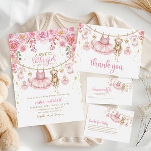 May include: Baby shower invitation set with a pink and gold theme. The invitation reads "A Sweet Little Girl is on the Way!" and includes a teddy bear and tutu design. Includes thank you, diaper raffle, and books for baby cards.