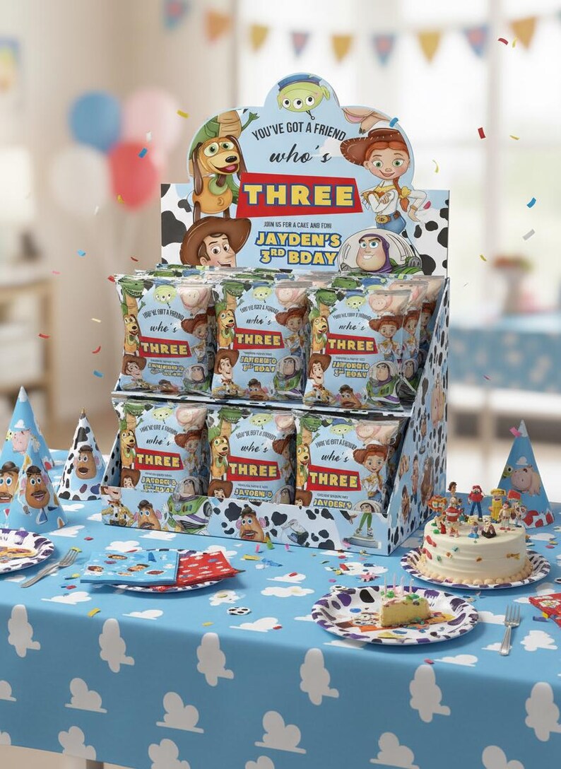 May include: A festive birthday party scene featuring a display of snack bags with Toy Story characters. The display reads "THREE" and "Jayden's 3rd Bday". Party hats, plates, and a cake with figurines complete the celebratory theme.