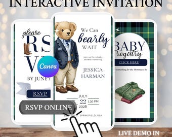 Teddy bear, Preppy Polo Shower Invitation, Editable Canva Template E-Card