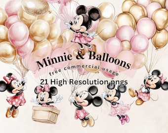 Minnie mouse Pink balloons, pink and gold balloon pngs, Balloon clipart, balloon artwork, watercolor balloon pngs, Minnie mouse balloons