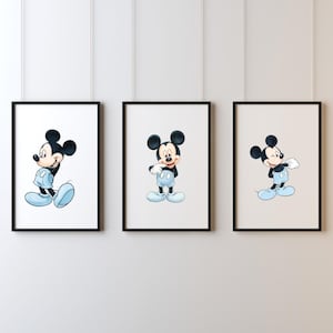 May include: Three framed prints featuring Mickey Mouse in various poses. Each print has a black frame and depicts Mickey in his classic outfit: black shorts, white gloves, and blue shoes. The backgrounds are white and beige.