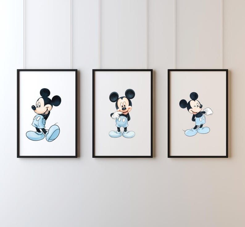 May include: Three framed prints featuring Mickey Mouse in various poses. Each print has a black frame and depicts Mickey in his classic outfit: black shorts, white gloves, and blue shoes. The backgrounds are white and beige.