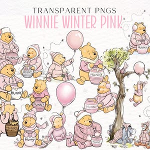 Pode incluir: Ilustrações digitais de personagens de Winnie the Pooh em roupas de inverno. Os personagens estão usando suéteres, chapéus e cachecóis rosa e segurando potes de mel e balões. O texto na parte superior diz "TRANSPARENT PNGS WINNIE WINTER PINK."