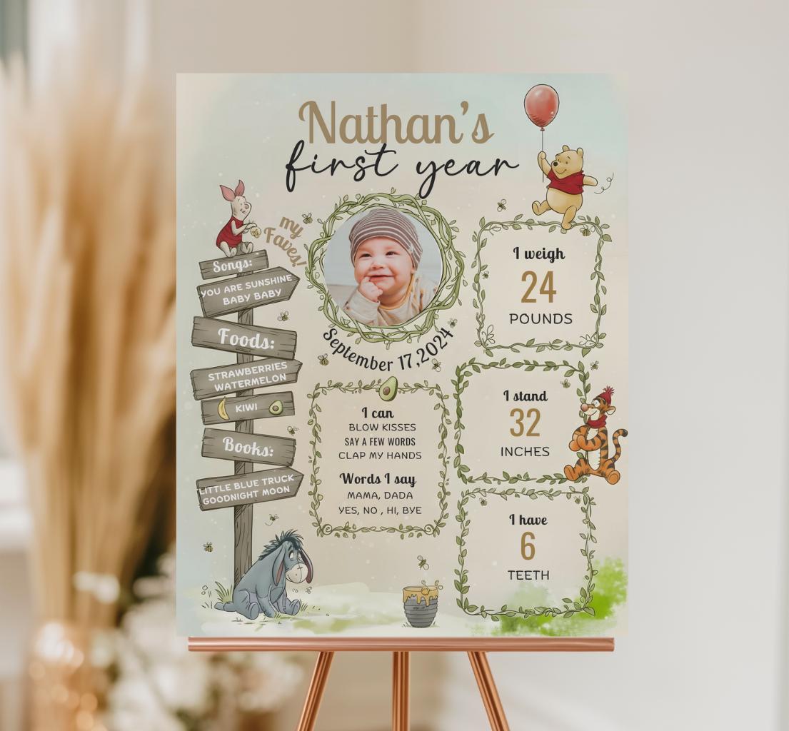 Winnie the Pooh First Year Birthday Milestone Board Sign (digital ...