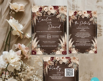 Boho Rustic Wedding Invitation Set: Editable Canva Template (Digital Download