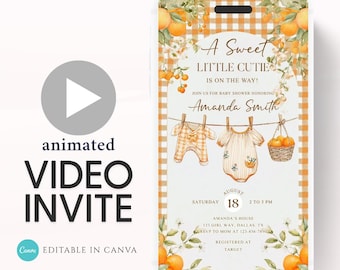 May include: An animated video invite for a baby shower. The design features orange and white gingham, watercolor illustrations of baby clothes, and oranges. Text includes "A Sweet Little Cutie is on the Way!" and details for Amanda Smith's baby shower.