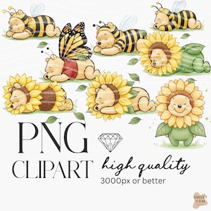 Pode incluir: Clipart em aquarela com personagens de Winnie the Pooh vestidos de abelhas, borboletas e girassóis. A imagem inclui o texto "PNG CLIPART high quality 3000px or better".