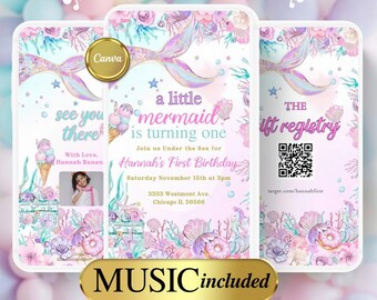 May include: A mermaid-themed birthday invitation with the text "a little mermaid is turning one." The design features mermaid tails, seashells, and floral elements in pastel colors. Includes a photo and QR code.