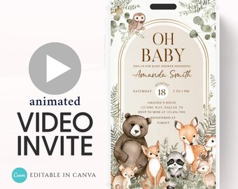 以下が含まれることがあります： 「Oh Baby」の文字と、アマンダ・スミスさんのベビーシャワーの詳細が書かれたデジタルベビーシャワー招待状。クマ、シカ、アライグマなど、森の動物たちの水彩イラストがデザインされています。招待状はCanvaで編集可能です。