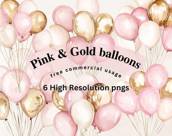 Pink and Gold Balloon Clipart: Watercolor PNGs (Digital Download)