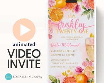 Video invitación de cumpleaños con cítricos: invitación animada de limón y rosa (descarga digital)