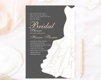 Bridal shower invitation, Wedding dress bridal shower invitation, Bridal shower invitation, dress bridal shower invite,elegant bridal shower