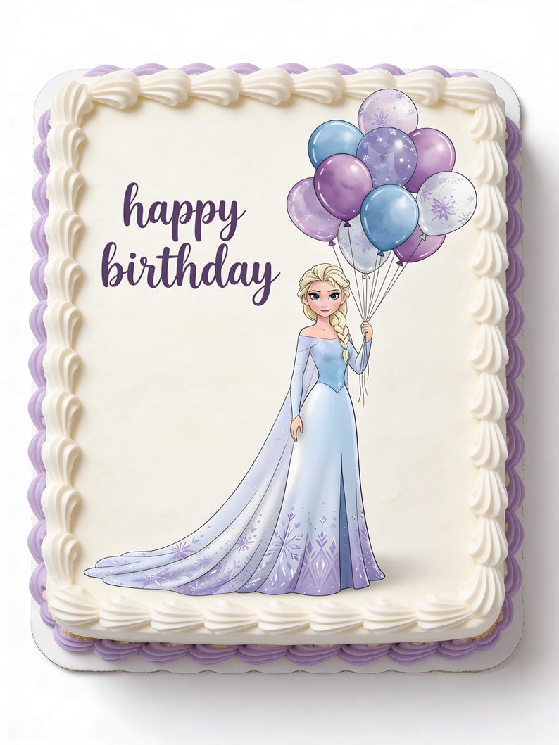 Pu&ograve; includere: Una torta di compleanno rettangolare con glassa bianca e bordi viola. La torta presenta un'illustrazione di una principessa che tiene in mano dei palloncini. Le parole "happy birthday" sono scritte in viola.