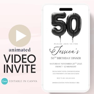 Animated 50th Evite Birthday for Adult Invite, Modern 50th Birthday Invite, Digital Animated Balloon Digital 50th Birthday-1