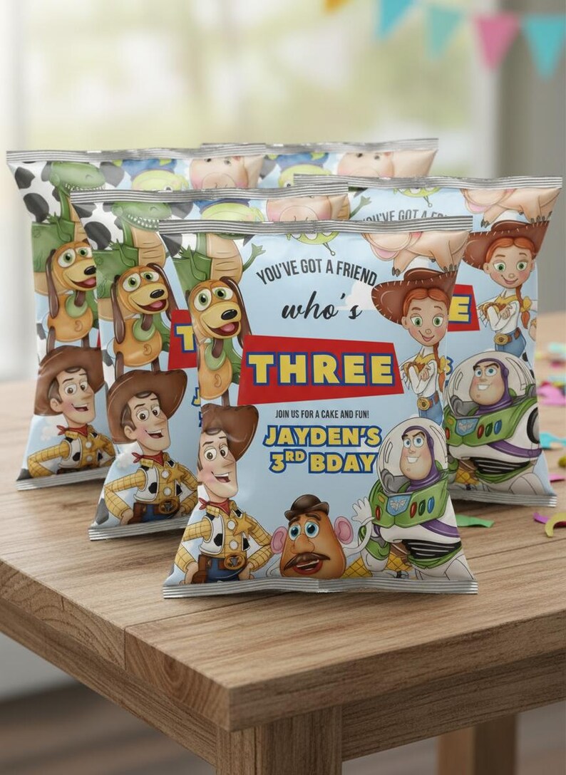 May include: Several snack bags featuring Toy Story characters, including Woody, Buzz Lightyear, and Jessie. The bags have a light blue background with the text "You've got a friend who's THREE" and "Jayden's 3rd Bday".