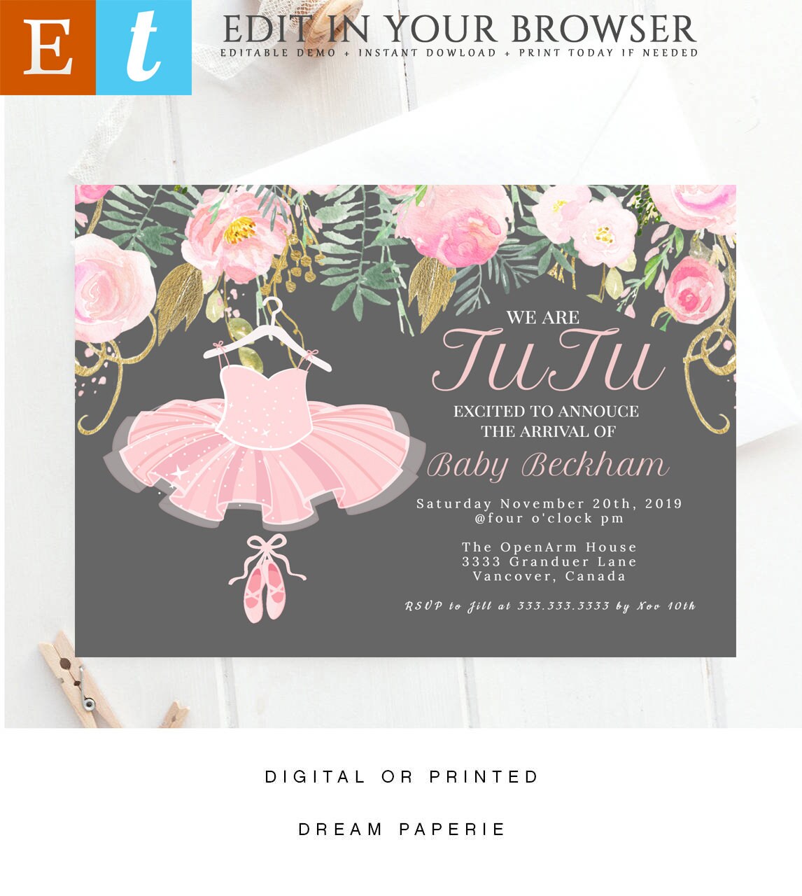 Ballerina Baby Shower Invitation Ballerina Invitation Tutu Etsy