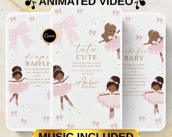 May include: A baby shower invitation set with a ballerina theme. The design features illustrations of ballerinas in pink tutus, bows, and the text "tutu cute." The invitation includes text for a diaper raffle and book requests.