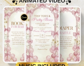 May include: A digital invitation suite for a baby shower, featuring a pink and gold color scheme. The design includes pink bows, balloons, and floral accents. Text includes "Tiny Toes & Pretty Bows" and "Music Included".