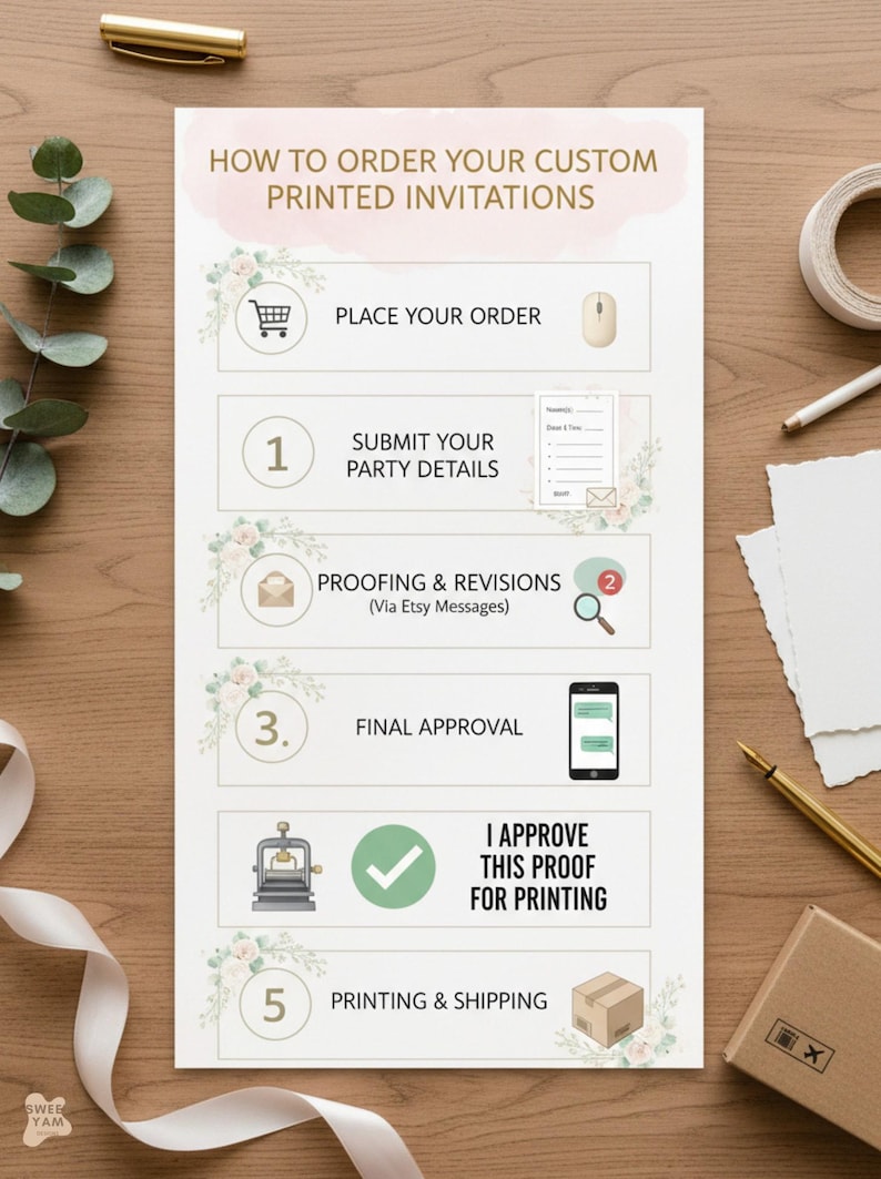 Puede incluir: Una tarjeta de instrucciones blanca titulada HOW TO ORDER YOUR CUSTOM PRINTED INVITATIONS con cinco pasos numerados que incluyen iconos de carrito de compra, formulario, sobre, lupa, smartphone, imprenta y caja de env&iacute;o.