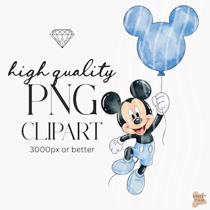 Puede incluir: Ilustración en acuarela de Mickey Mouse sosteniendo un globo azul con la forma de su cabeza. La imagen incluye el texto "high quality PNG clipart" y "3000px or better". También hay un gráfico de diamante.
