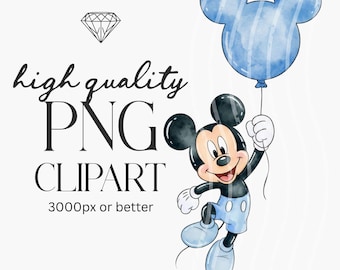 Mickey Mouse Blue Balloon Clipart: Watercolor PNGs (Commerical Use)