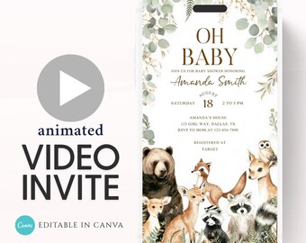 以下が含まれることがあります： ベビーシャワー用のアニメーションビデオ招待状。デザインには「OH BABY」の文字とイベントの詳細が記載されています。クマ、シカ、アライグマなどの森の動物の水彩イラストと、緑のアクセントが含まれています。