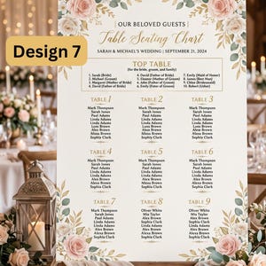 Puede incluir: Un cartel de plan de asientos para bodas con ilustraciones florales de rosas rosadas y hojas verdes. El texto dice OUR BELOVED GUESTS, Table Seating Chart, SARAH & MICHAEL'S WEDDING, SEPTEMBER 21, 2024, y enumera los nombres para nueve mesas.