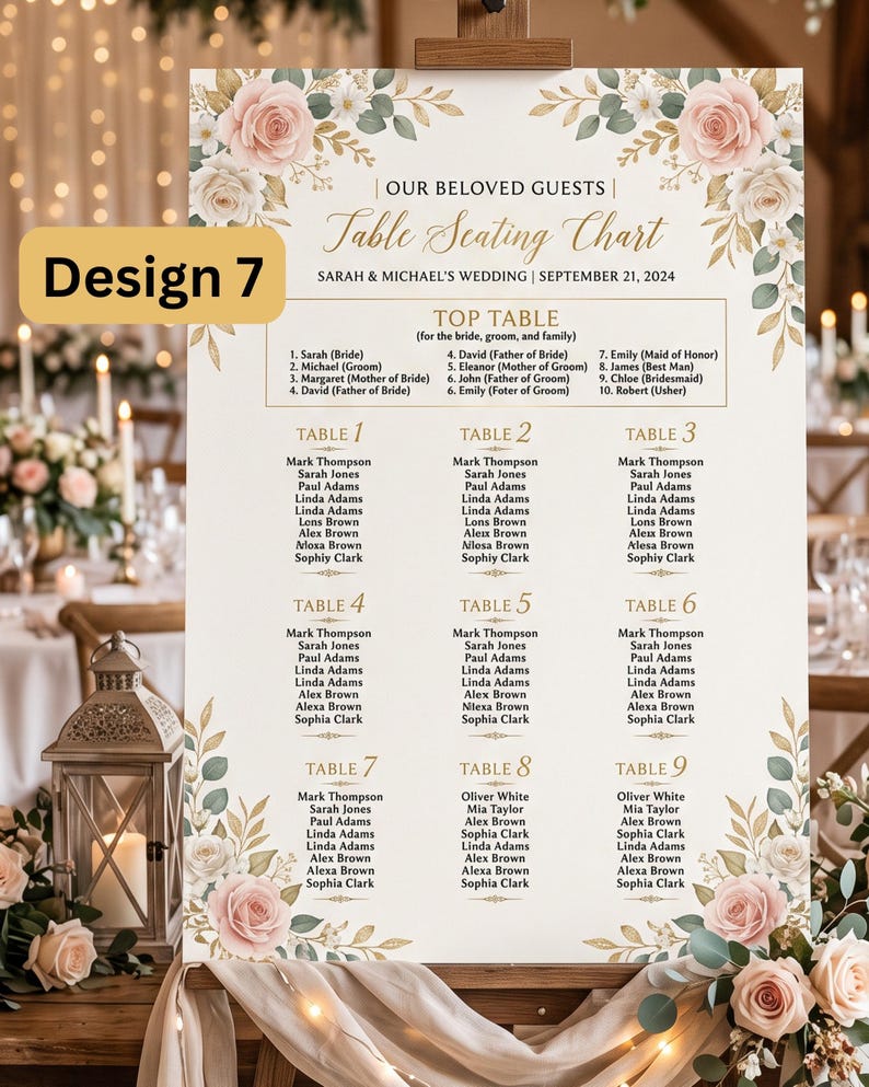 Puede incluir: Un cartel de plan de asientos para bodas con ilustraciones florales de rosas rosadas y hojas verdes. El texto dice OUR BELOVED GUESTS, Table Seating Chart, SARAH & MICHAEL'S WEDDING, SEPTEMBER 21, 2024, y enumera los nombres para nueve mesas.