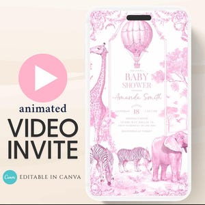 Pink Toile de jouy Safari Baby Shower Invitation, Safari Animal Baby girl Shower Digital Video Toile de Jouy Baby Shower Invite Safari-2