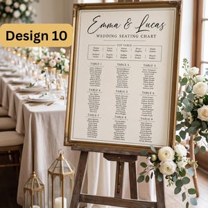 Puede incluir: Un plano de asientos de boda en un marco dorado sobre un caballete de madera. El plano presenta el texto "Emma & Lucas" y "WEDDING SEATING CHART" con listas de nombres organizadas por n&uacute;meros de mesa. Un recuadro amarillo muestra "Design 10".
