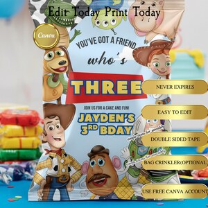 May include: A colorful birthday party favor bag featuring cartoon characters. The bag has the text "YOU'VE GOT A FRIEND who's THREE" and "JAYDEN'S 3RD BDAY". Additional text includes "Edit Today Print Today", "NEVER EXPIRES", and "USE FREE CANVA ACCOUNT".