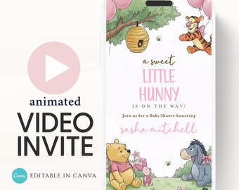 Invitación en video para baby shower de Winnie the Pooh rosa: Invitación animada (descarga digital)