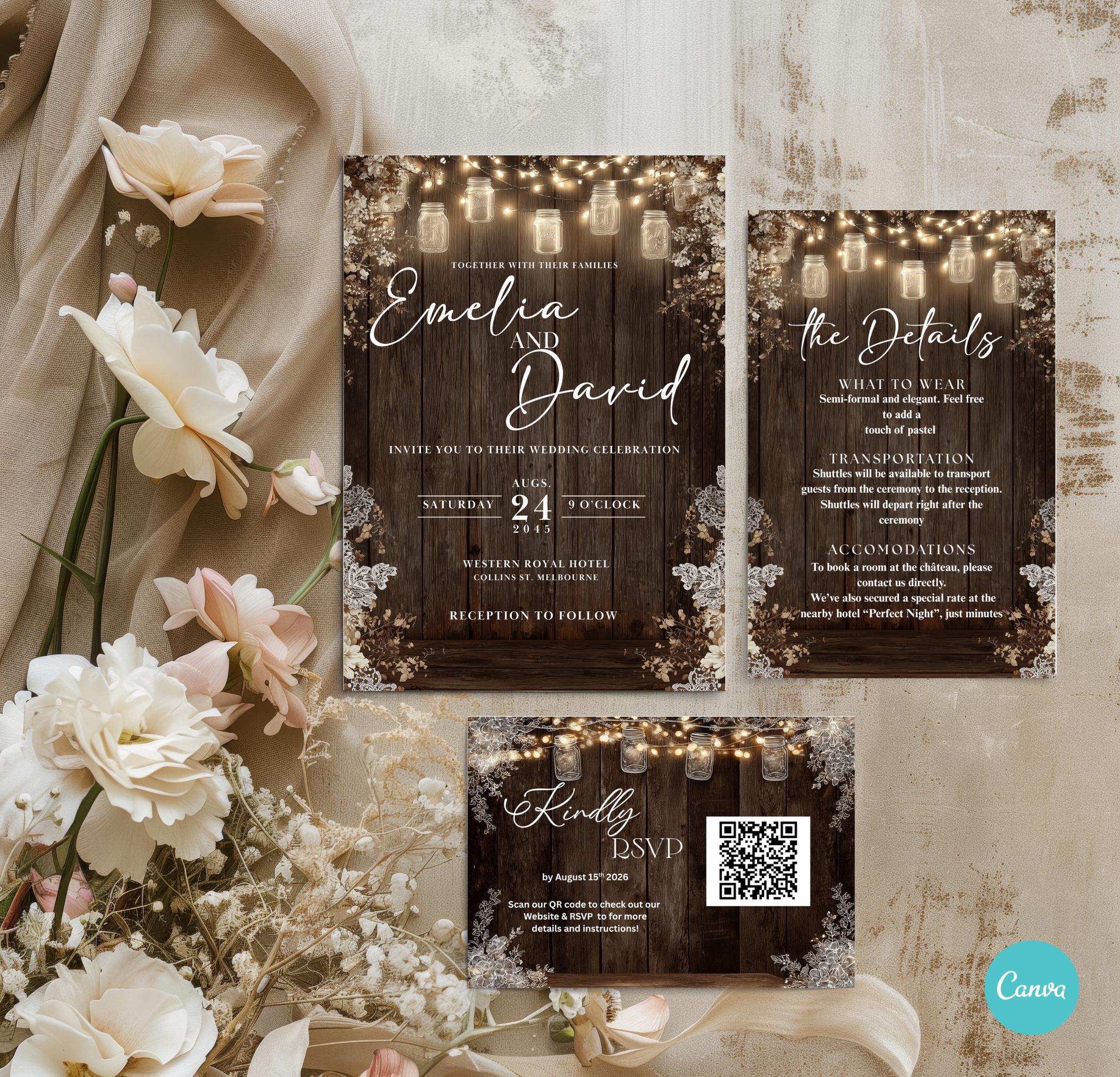 Rustic Wedding Invitation Set: Mason Jar \u0026 Wood (digital Template) - Etsy  Israel, image size:2105x2024