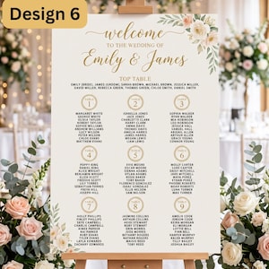 Puede incluir: Un cartel de distribuci&oacute;n de mesas de boda sobre un caballete de madera con el texto Design 6, welcome to the wedding of Emily & James, y una lista de invitados organizada por n&uacute;meros de mesa del uno al nueve, decorado con flores en rosa y verde.