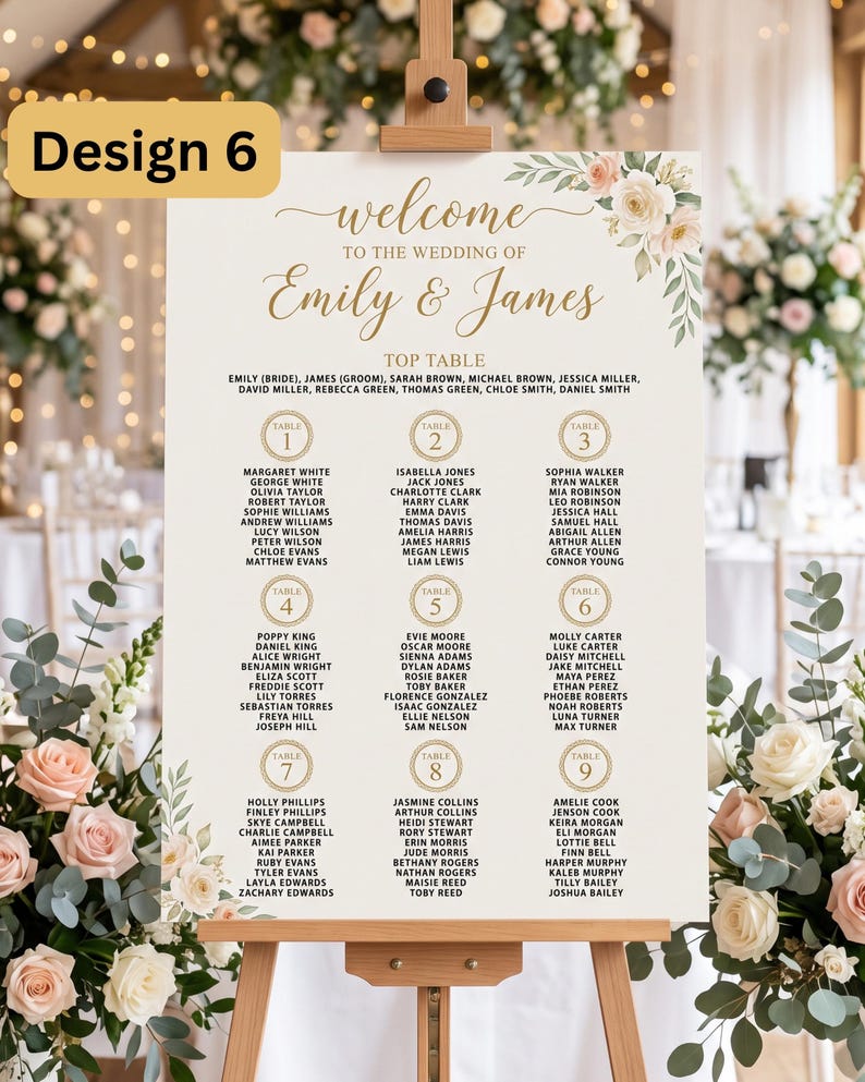 Puede incluir: Un cartel de distribuci&oacute;n de mesas de boda sobre un caballete de madera con el texto Design 6, welcome to the wedding of Emily & James, y una lista de invitados organizada por n&uacute;meros de mesa del uno al nueve, decorado con flores en rosa y verde.