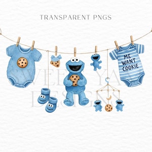 Cookie Monster Clothesline Clipart: Watercolor Baby Shower PNG (Digital Download
