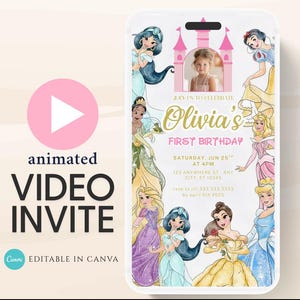 Invitación de cumpleaños de princesa, invitación de princesa, invitación a fiesta de princesa, invitación temática de princesas para niñas, invitación de video digital editable -1