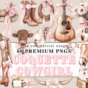 Mega 60 Bundle Coquette Cowgirl clipart, noeud de coquette rose cow-girl western, lot de cliparts Wild West rose, bottes de cow-girl roses et noeuds