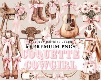 Mega 60 Bundle Coquette Cowgirl clipart, western cowgirl pink coquette bow, pink Wild West Clipart Bundle, Pink Cowgirl Boots and Bows
