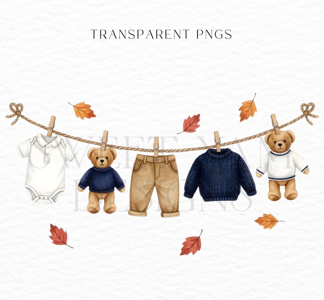 Polo Teddy Bear Baby Clothes Clipart: Watercolor Clothesline (PNG Image ...