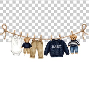 May include: Watercolor illustration of baby clothes and teddy bears hanging on a clothesline. The items include a white onesie, tan pants, a navy blue sweater with "BABY" text, and two teddy bears. The teddy bears are wearing navy blue and striped outfits.