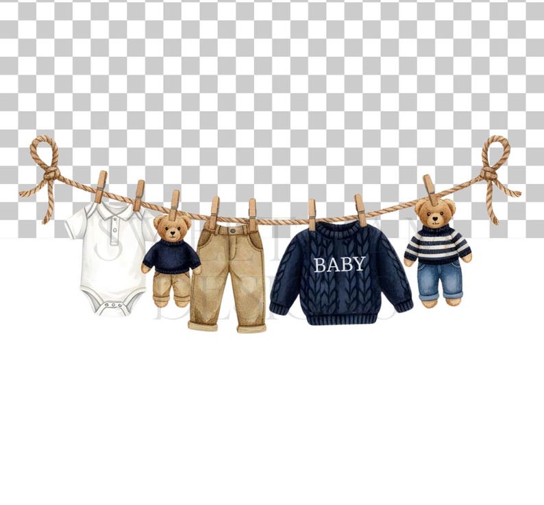 May include: Watercolor illustration of baby clothes and teddy bears hanging on a clothesline. The items include a white onesie, tan pants, a navy blue sweater with "BABY" text, and two teddy bears. The teddy bears are wearing navy blue and striped outfits.