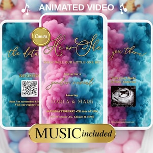 Puede incluir: Invitación animada de revelación de género con efecto de humo azul y rosa. El texto dice "He or She, What will our little one be?" e incluye detalles del evento, un código QR y una imagen de ultrasonido.